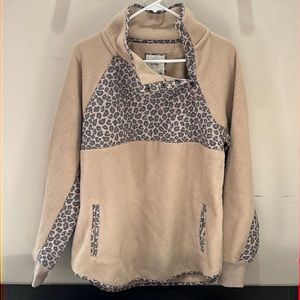 Abercrombie & Fitch A&F Tan & Animal Print Pullover Asymmetrical Snap-Up Fleece